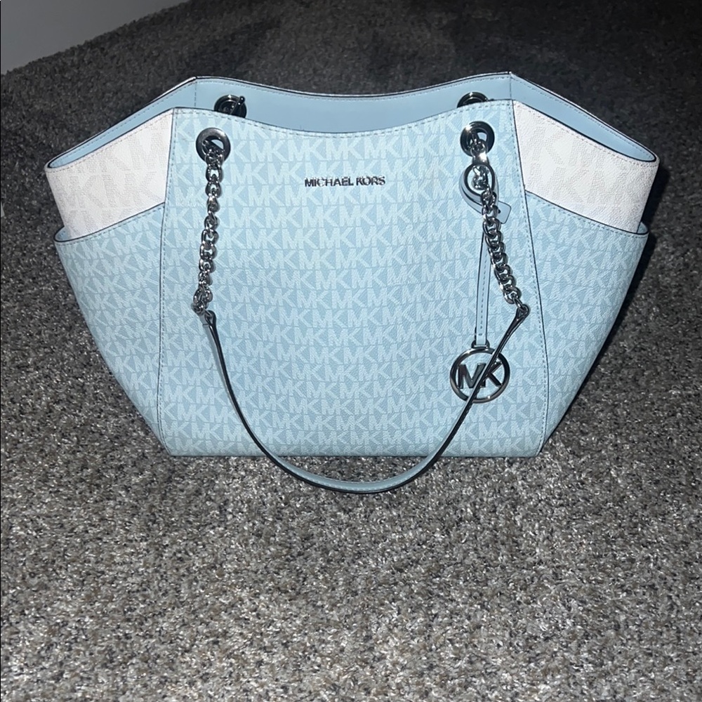 Michael Kors Blue and White Shoulder Bag with Chain Straps